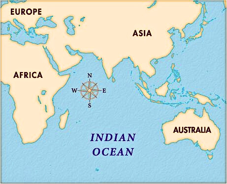 Bordered by Africa, Asia, Australia, and the Indian subcontinent