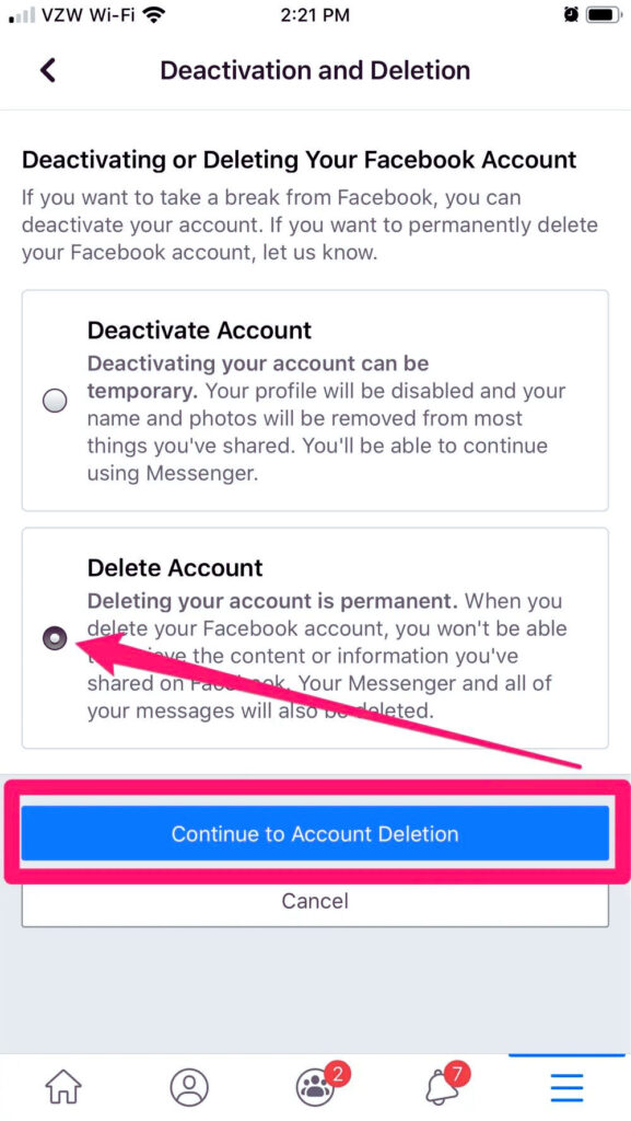 Facebook Click on Delete Account.