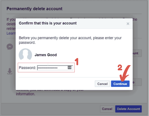 Facebook Enter your password and tap "Continue."