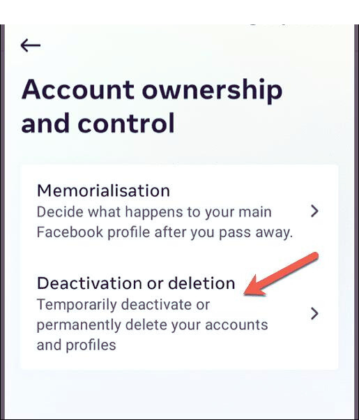 Facebook Select Deactivation and Deletion.
