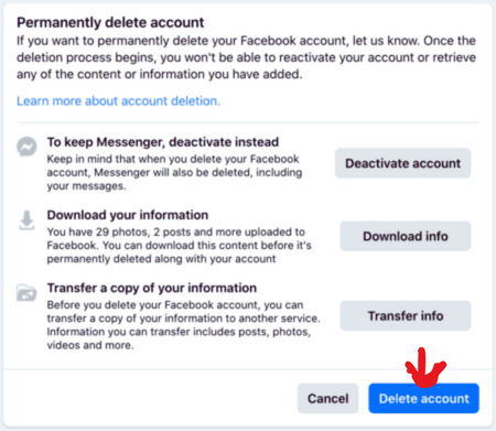 Facebook Select Delete Account.