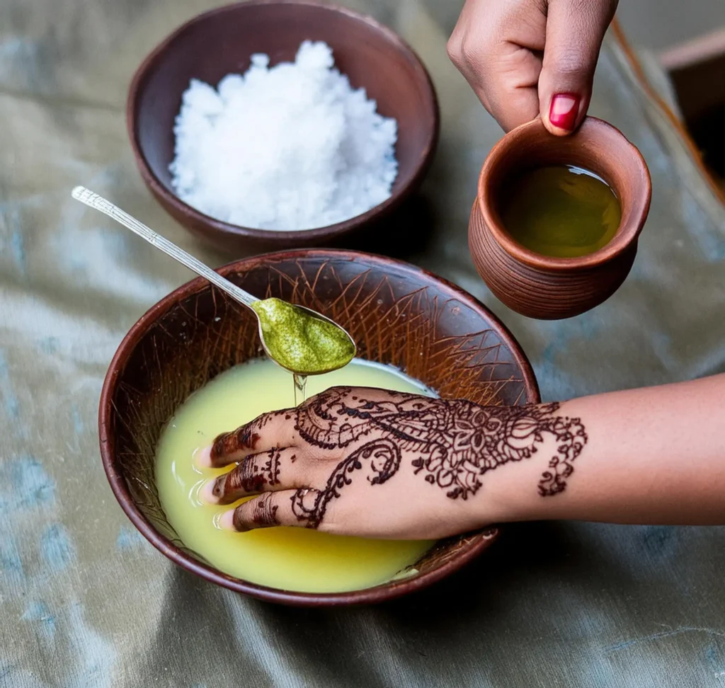 To remove henna stains from your skin using olive oil and salt